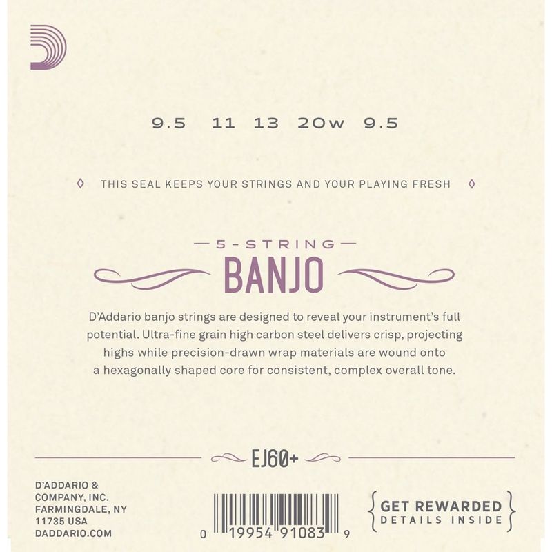 D'Addario EJ60+ Strengesett for 5-strengs banjo, Light Plus