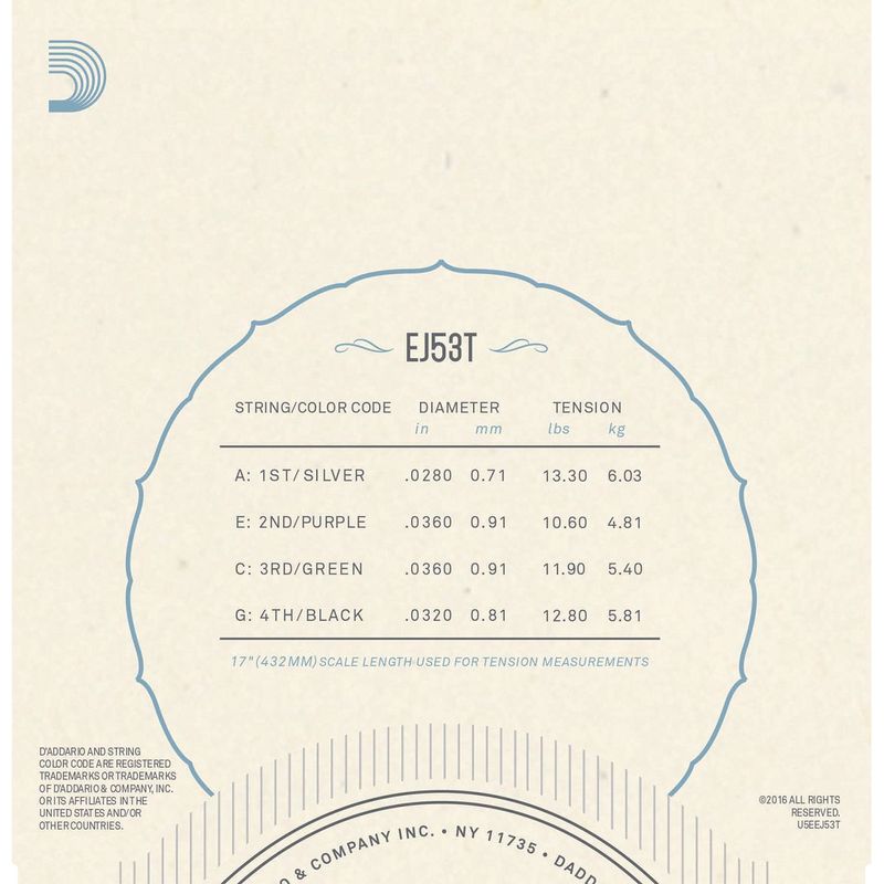 D'Addario EJ53T Ukulele-strenger Tenor-ukulele, Hawaiian Black Nylon