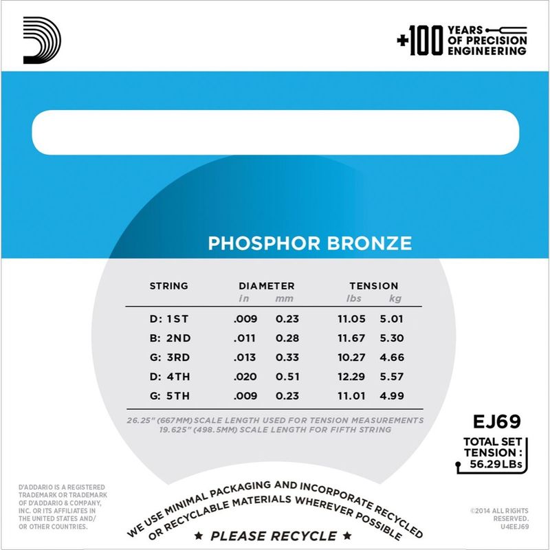 D'Addario EJ69 Strengesett for 5-strengs banjo, Light