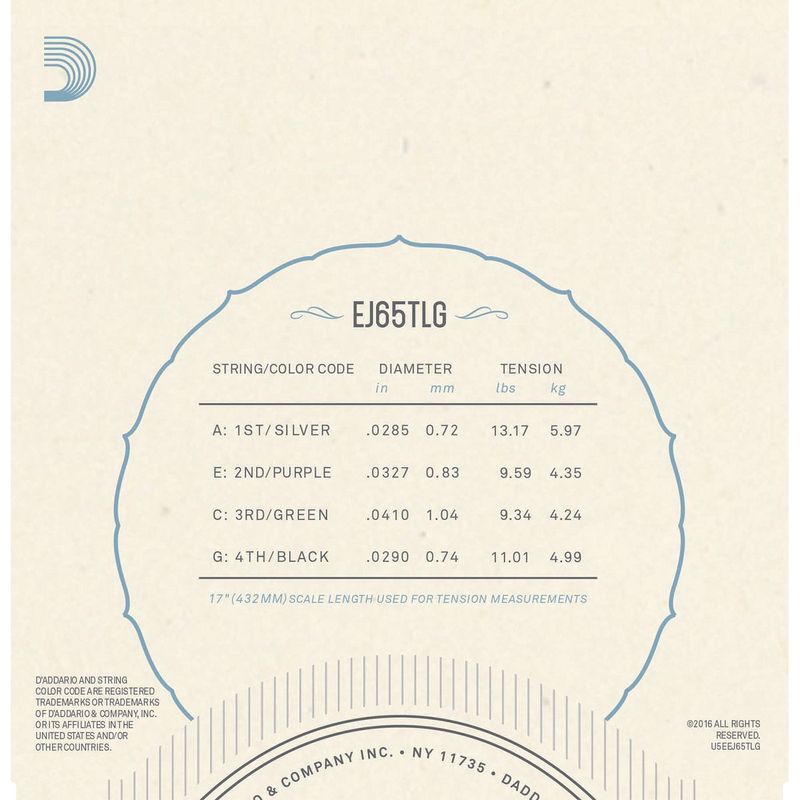 D'Addario EJ65TLG Ukulele-strenger Tenor-ukulele, Lav G
