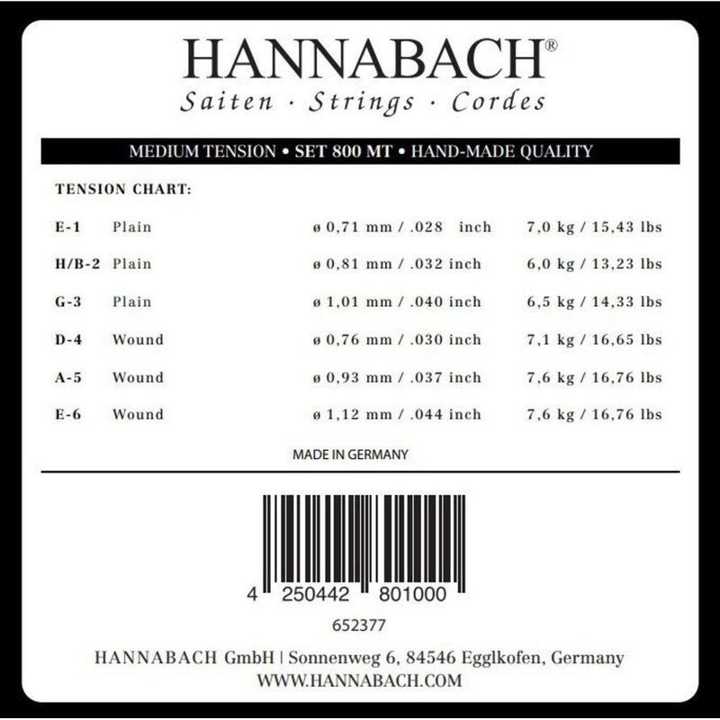 Hannabach 800 MT Strengesett klassisk gitar, Medium Tension